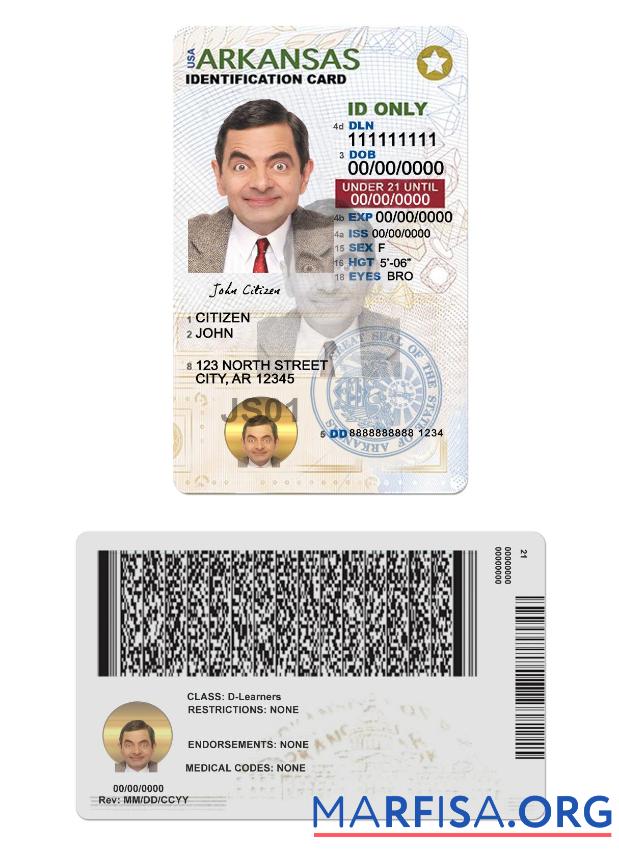 Printable USA Arkansas ID Card Under 21 real example